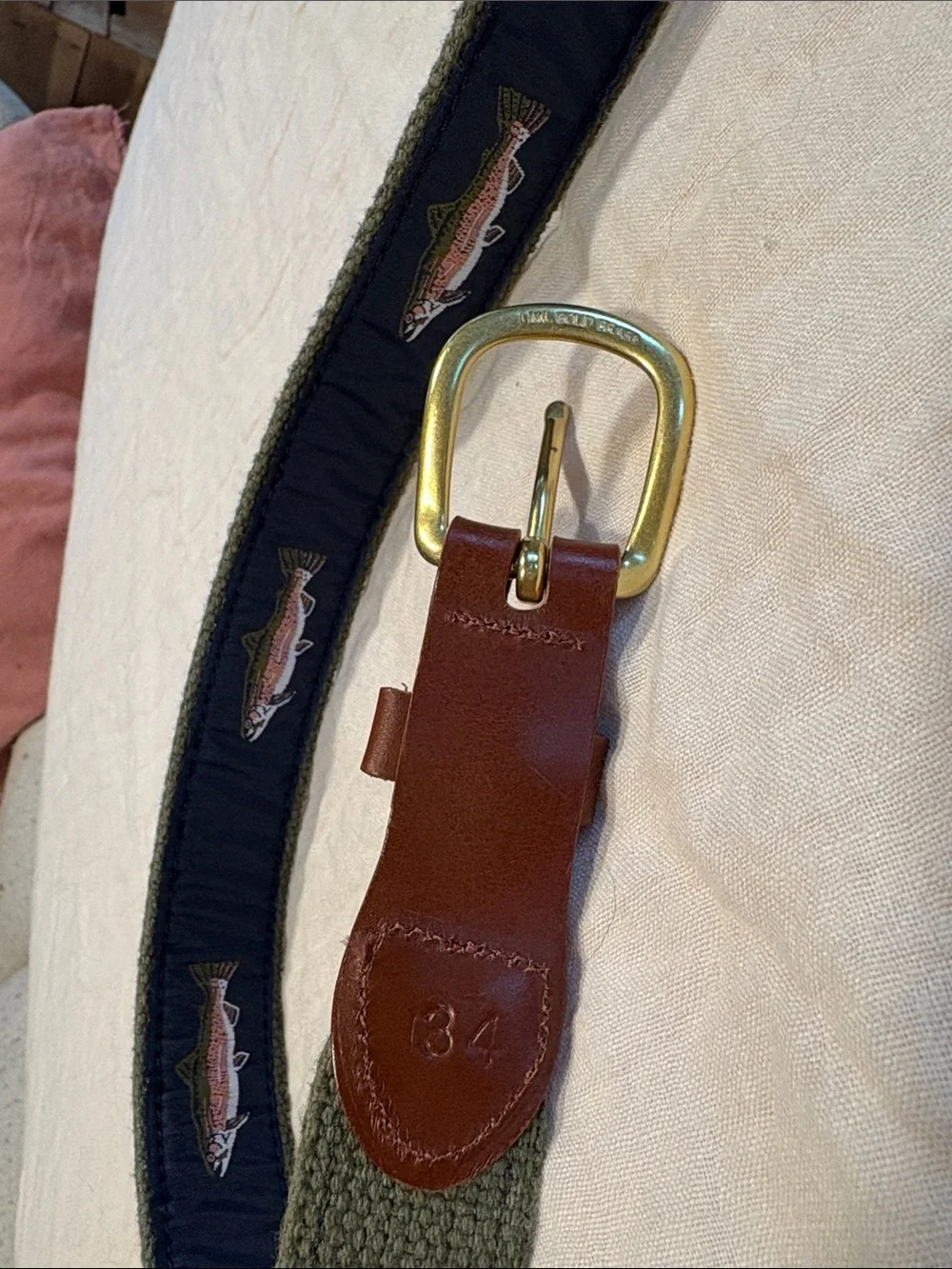 Men's Navy & Brown Embroidered Canvas Belt with Brass Buckle